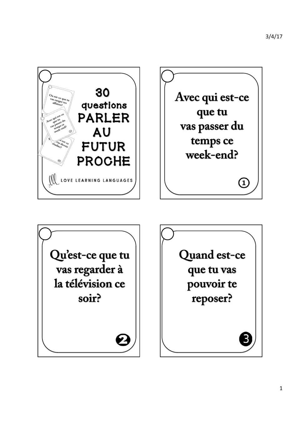 French near-future speaking cards 1–3: weekend company, tonight's TV plans, and time to rest, plus title card