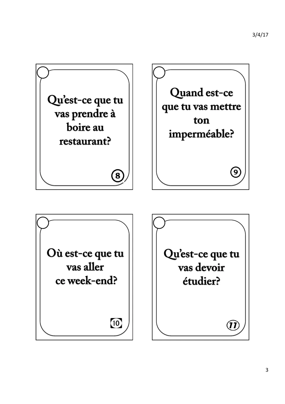 French near-future speaking cards 8–11: restaurant drinks, wearing a raincoat, weekend trips, and studying