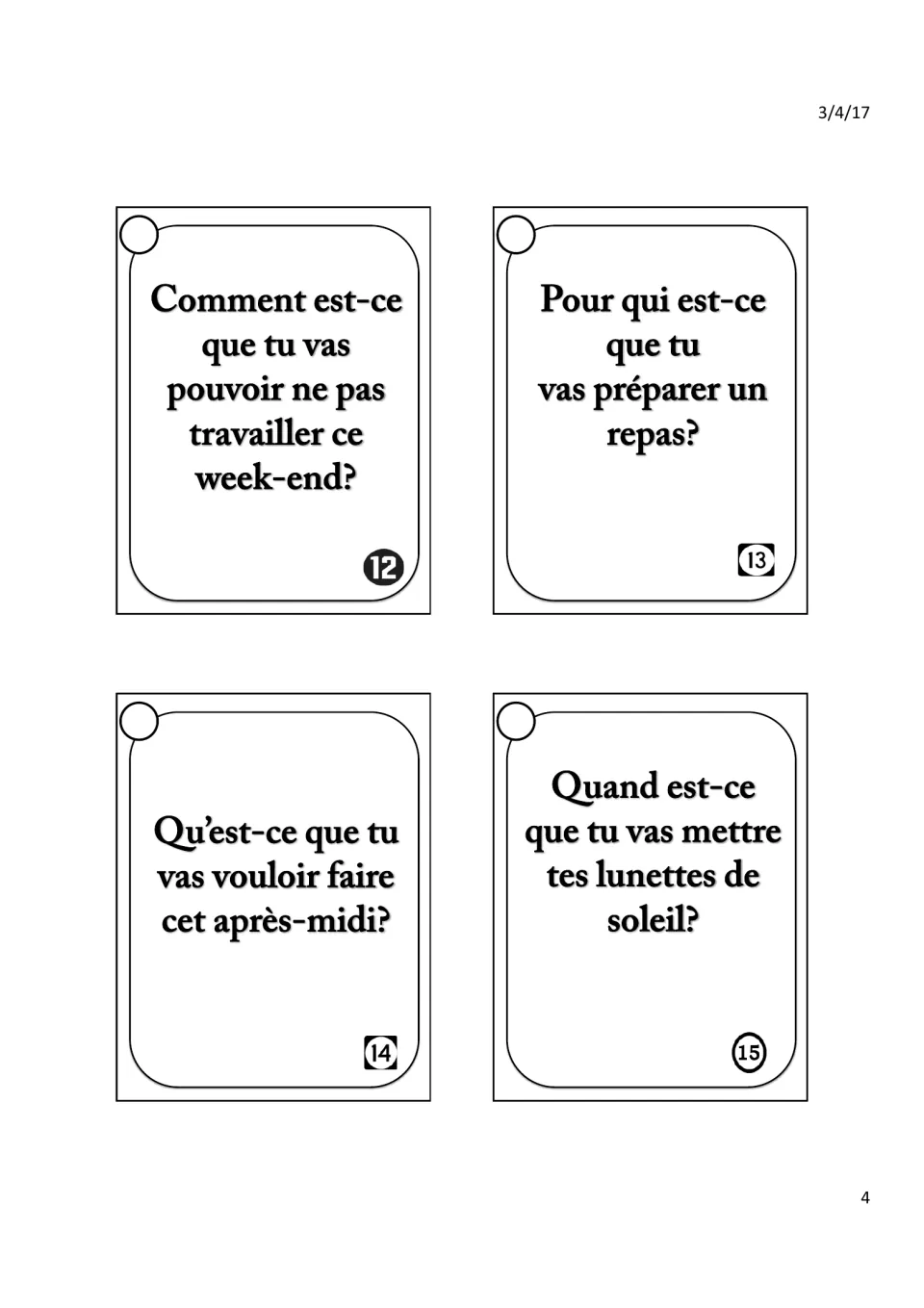 French near-future speaking cards 12–15: avoiding weekend work, preparing a meal, afternoon plans, and sunglasses