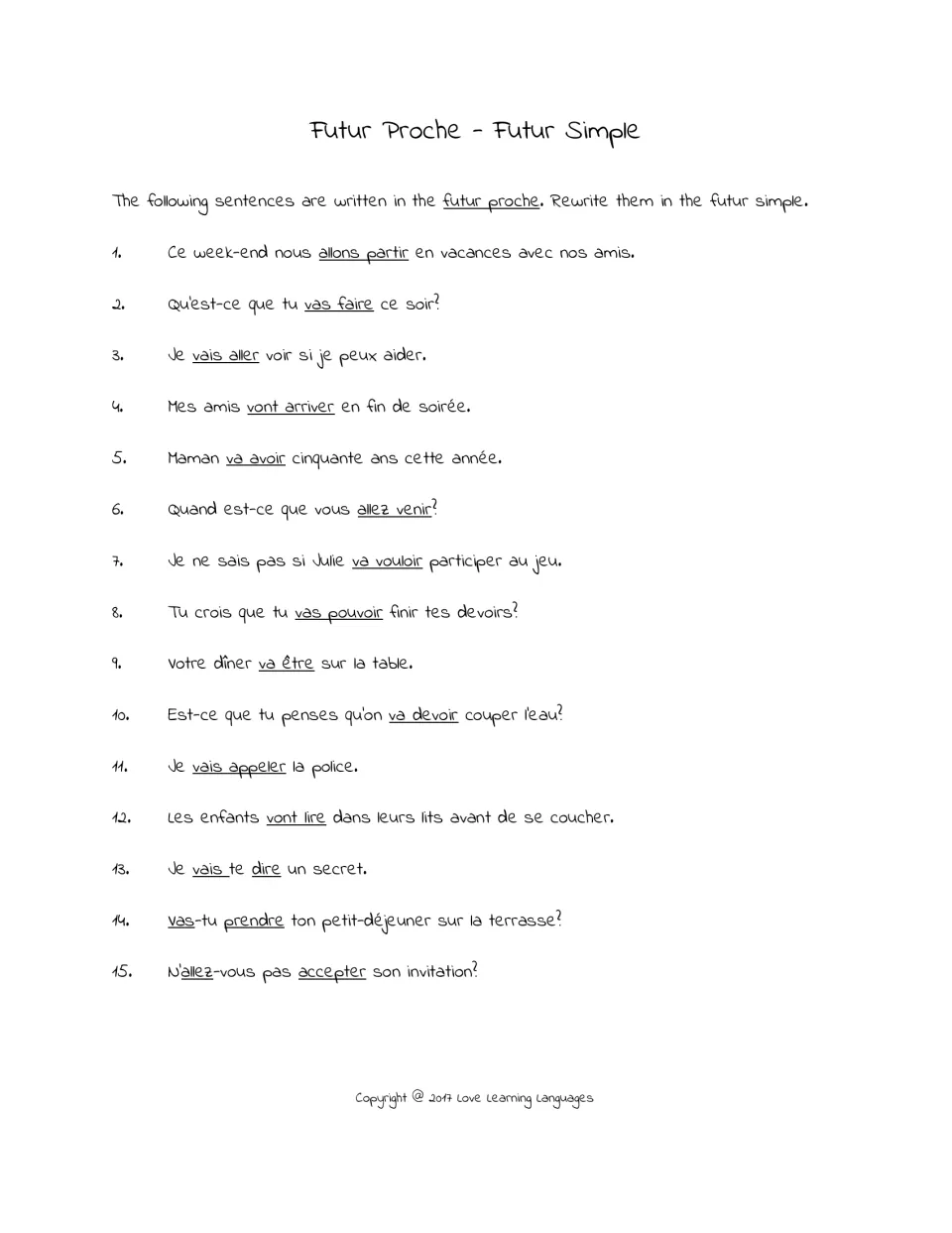 Futur proche to futur simple: students rewrite 15 French sentences, changing each underlined aller + infinitive verb