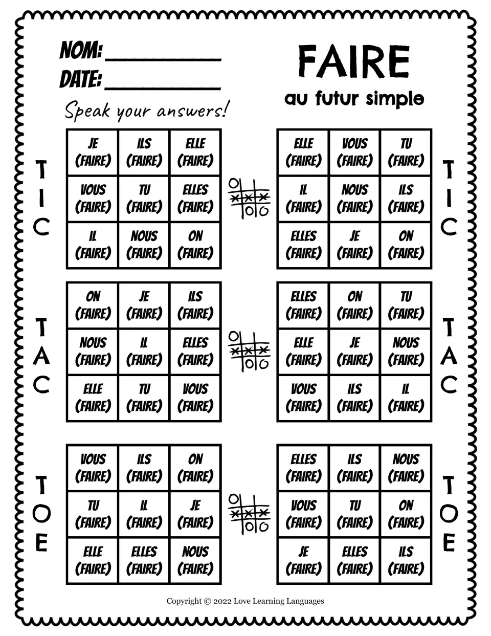 Speaking practice for six tic-tac-toe games: conjugate faire (to do/make) in the French simple future.