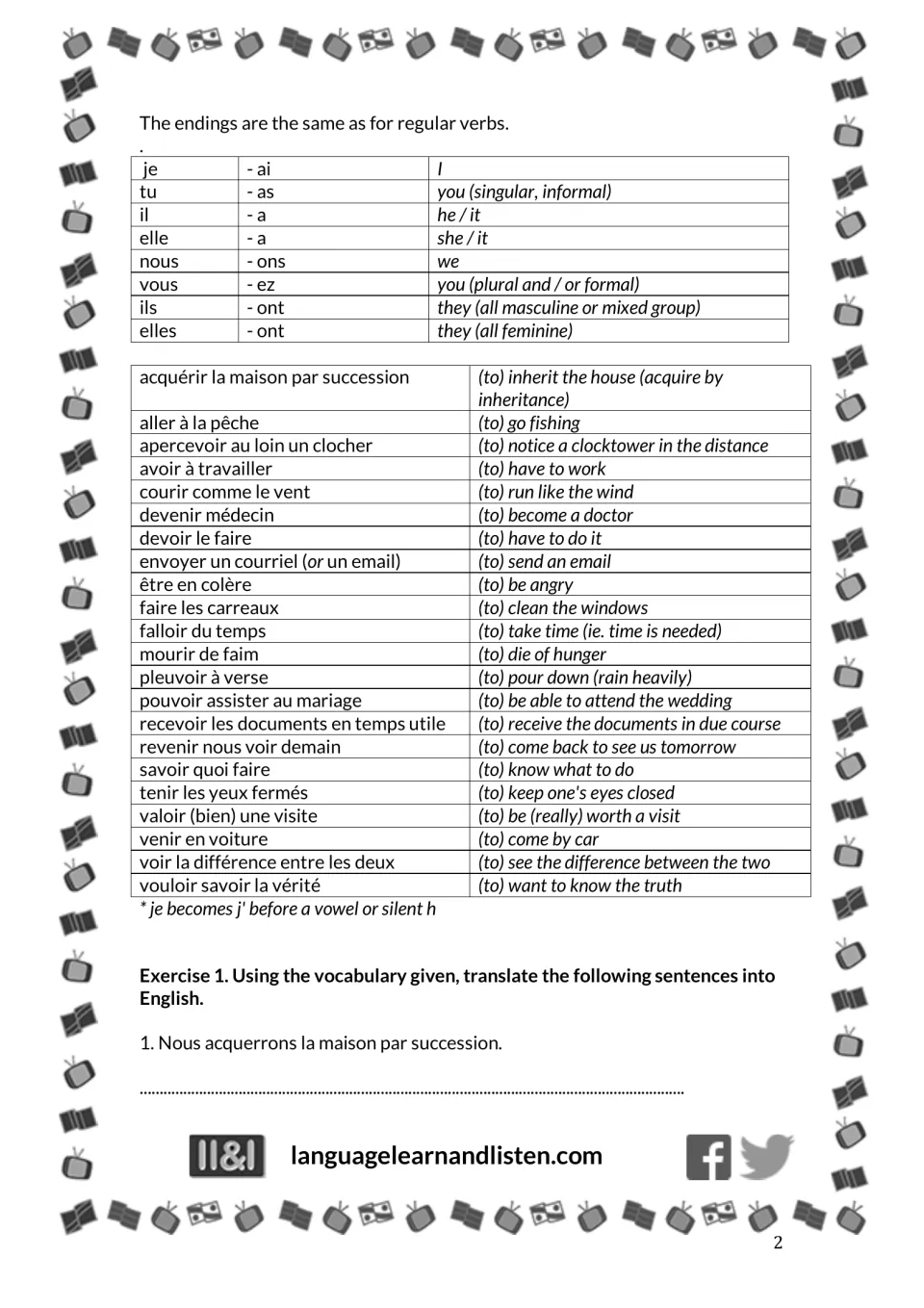 Future tense endings for je to elles plus 22 French verb phrases with English meanings; Exercise 1 translation begins