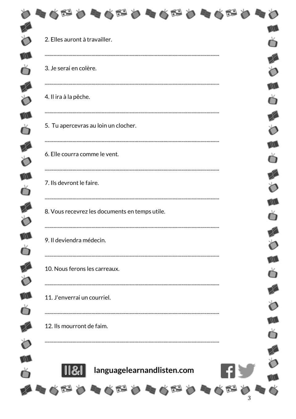 Exercise 1, items 2 to 12: students translate French future tense sentences such as Il ira à la pêche into English