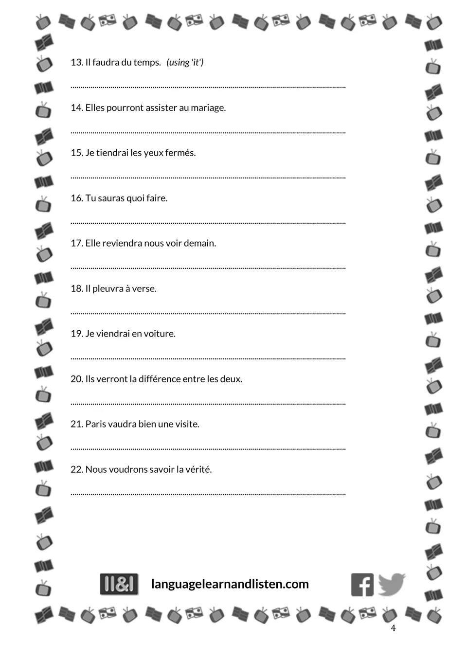 Exercise 1, items 13 to 22: translating French sentences with faudra, pourront, sauras and verront into English