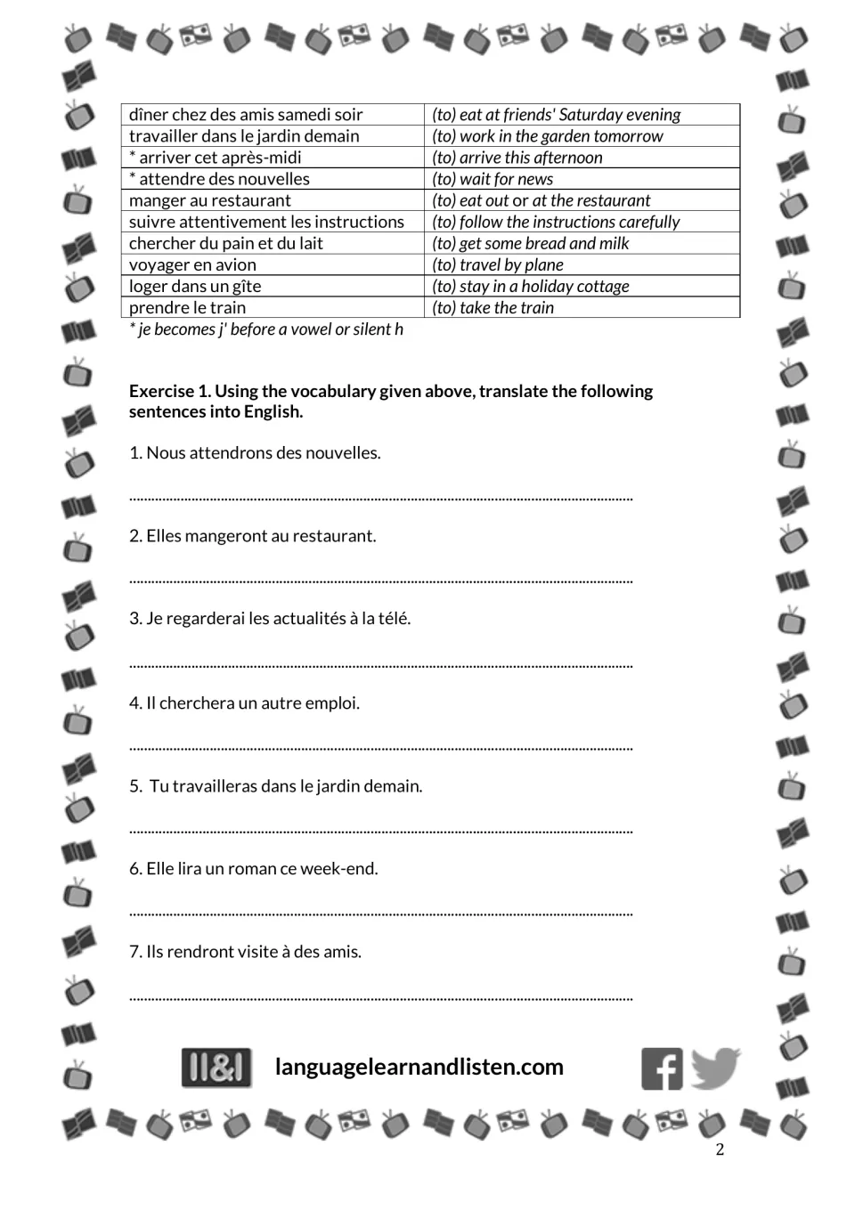 Vocabulary and French-to-English exercise 1, items 1–7: waiting for news, eating out and watching TV news