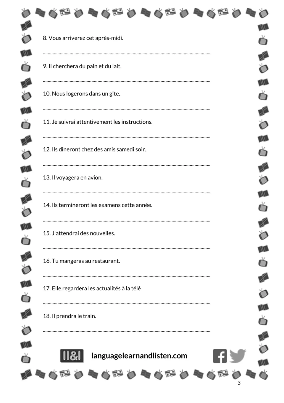 French-to-English exercise 1, items 8–18: arriving this afternoon, getting bread and milk, and taking a train