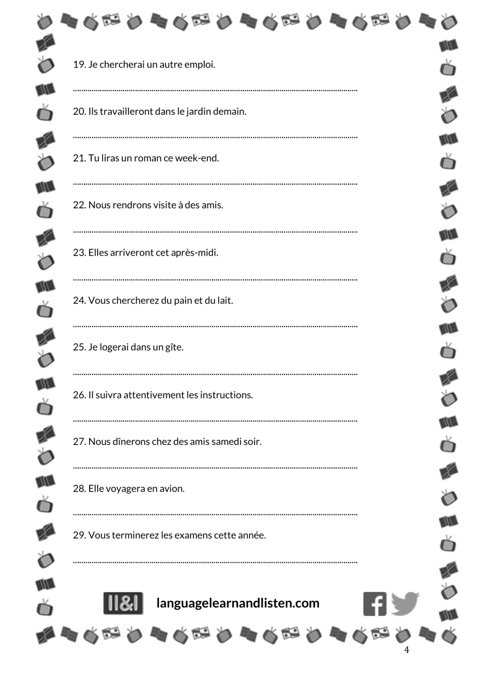 French-to-English exercise 1, items 19–29: looking for another job, gardening tomorrow and finishing exams