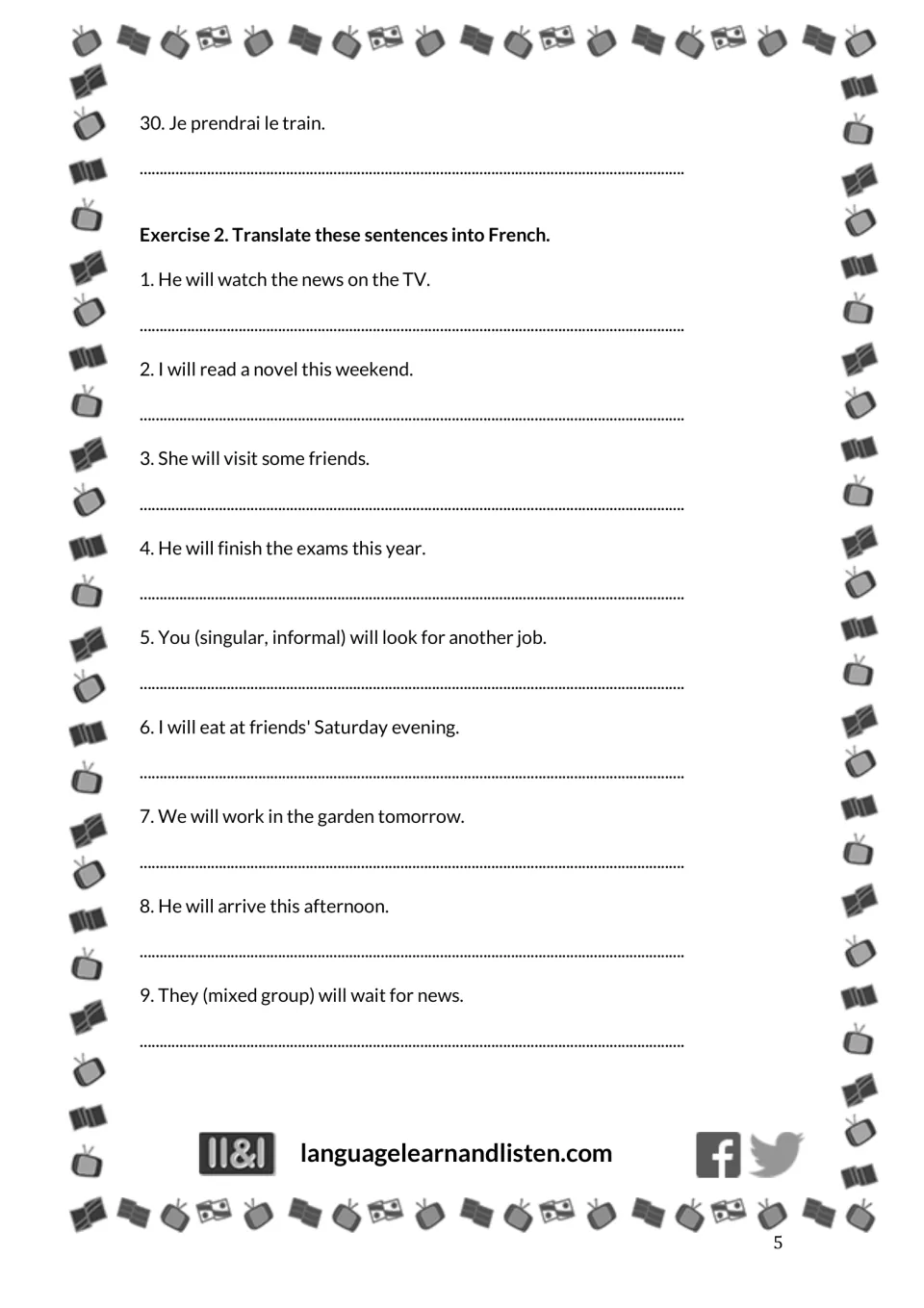 Exercise 1 ends with Je prendrai le train (I will take the train); English-to-French exercise 2 begins, items 1–9