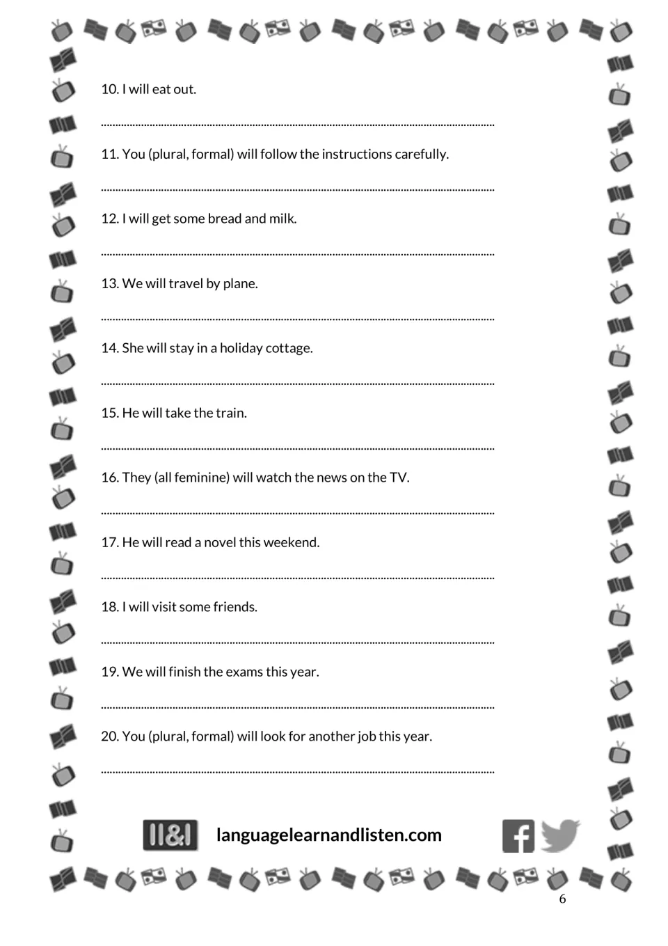 English-to-French exercise 2, items 10–20: eating out, following instructions, traveling by plane and more