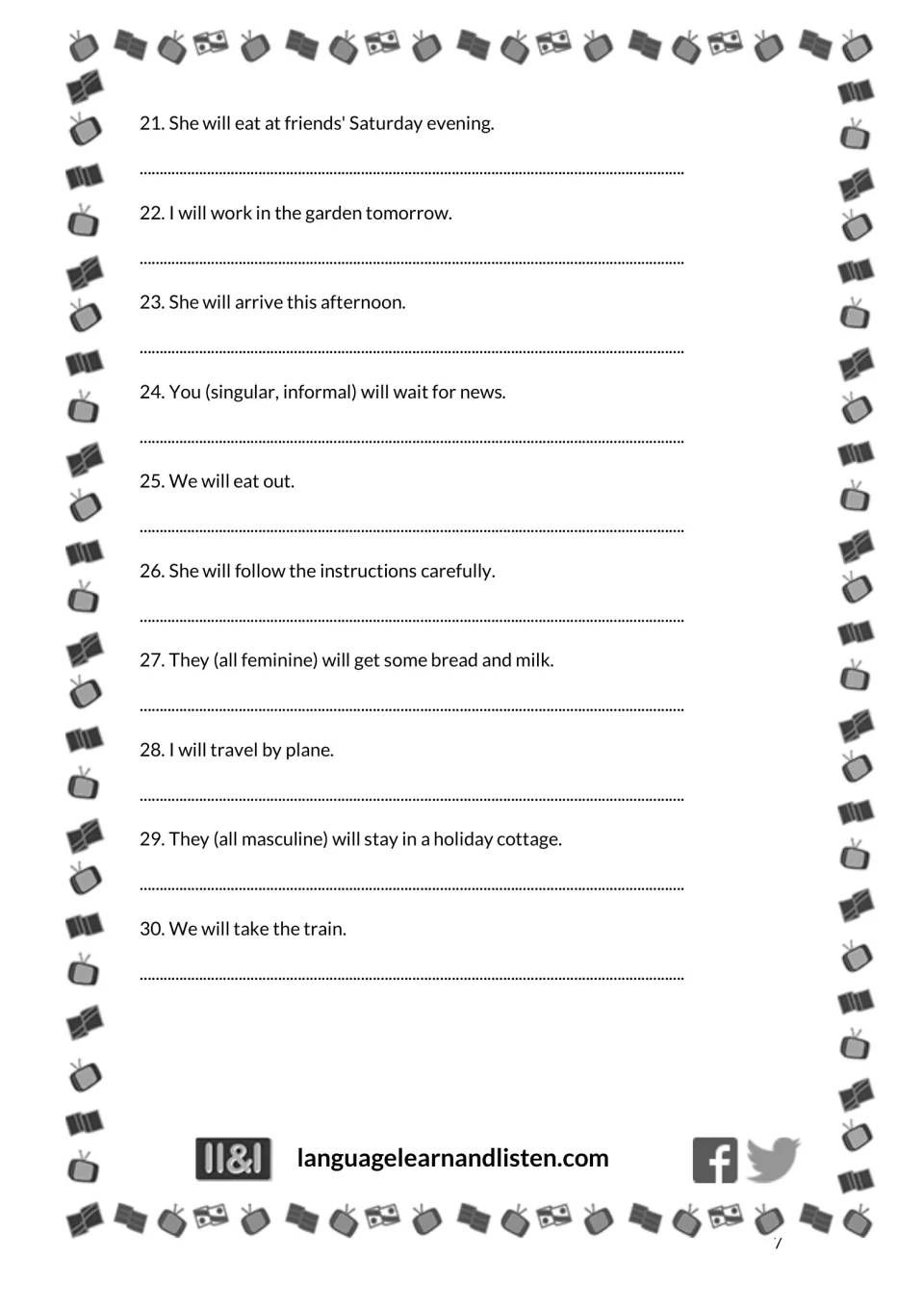 English-to-French exercise 2, items 21–30: eating at friends' homes, waiting for news and staying in a cottage
