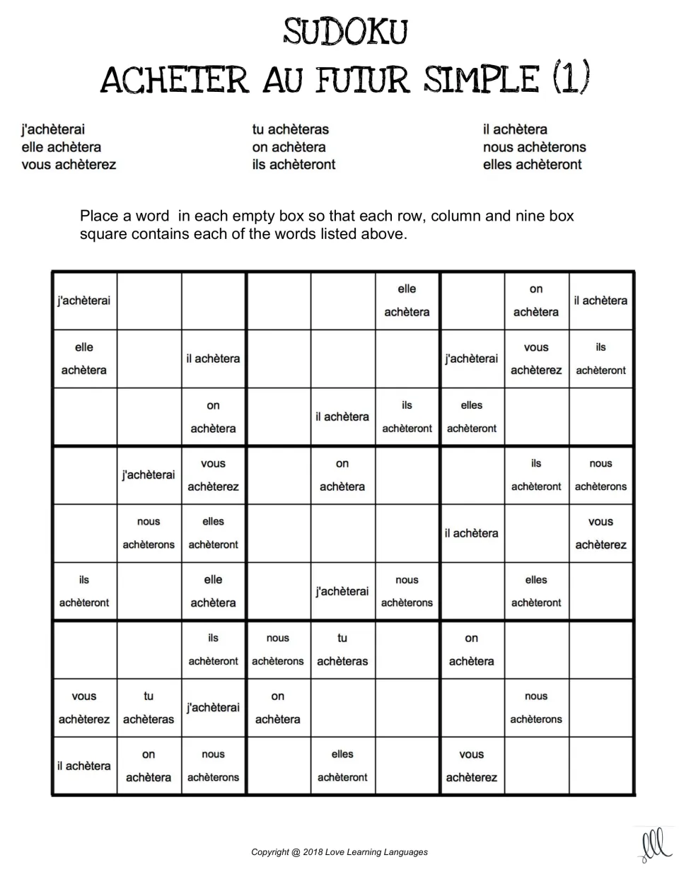 French future-tense sudoku 1 for acheter (to buy), using j'achèterai, tu achèteras, and seven more forms