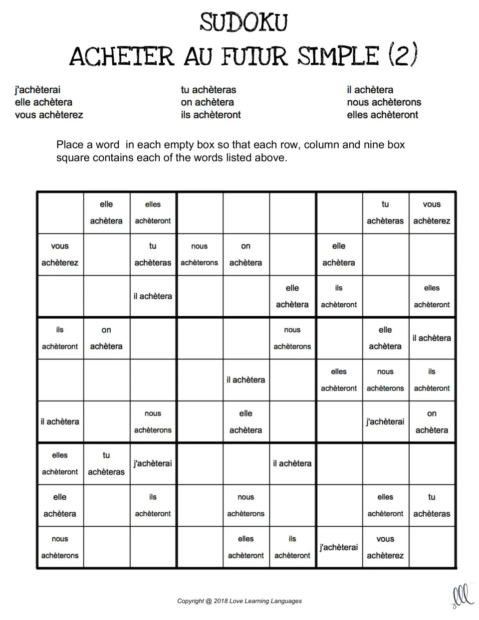 French future-tense sudoku 2 for acheter (to buy), using nous achèterons, vous achèterez, and seven more