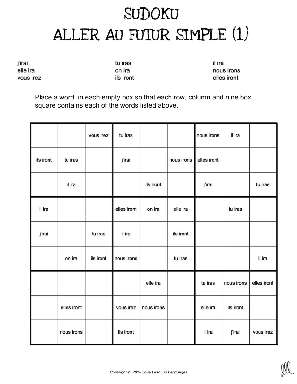 French future-tense sudoku 1 for aller (to go), using j'irai, tu iras, il ira, and six more pronoun forms