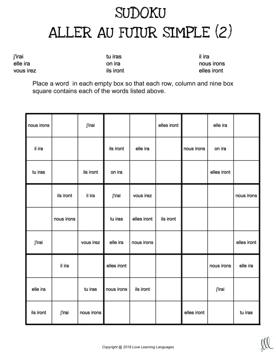 French future-tense sudoku 2 for aller (to go), using nous irons, vous irez, and seven more pronoun forms