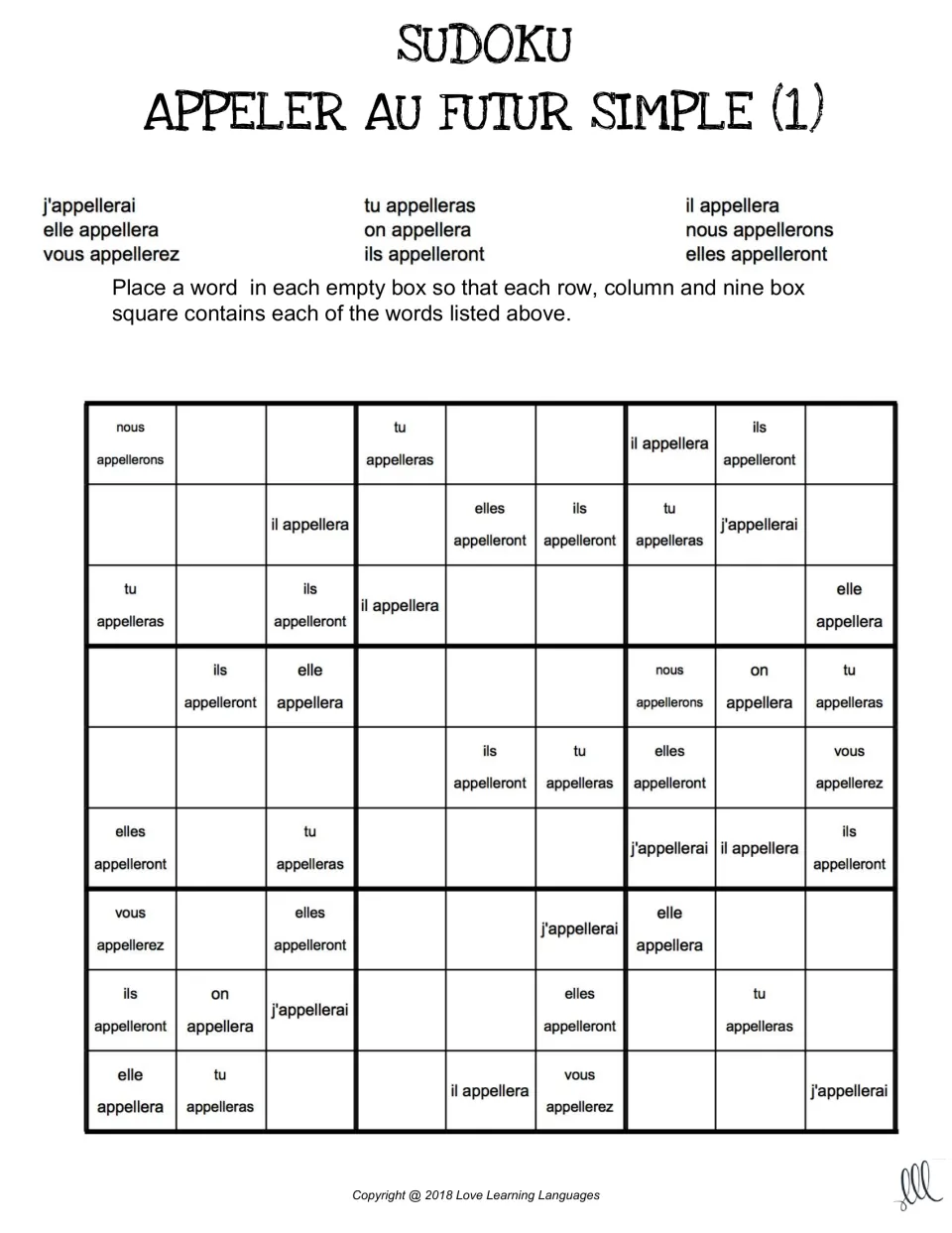 French future-tense sudoku 1 for appeler (to call), using j'appellerai, tu appelleras, and seven more forms
