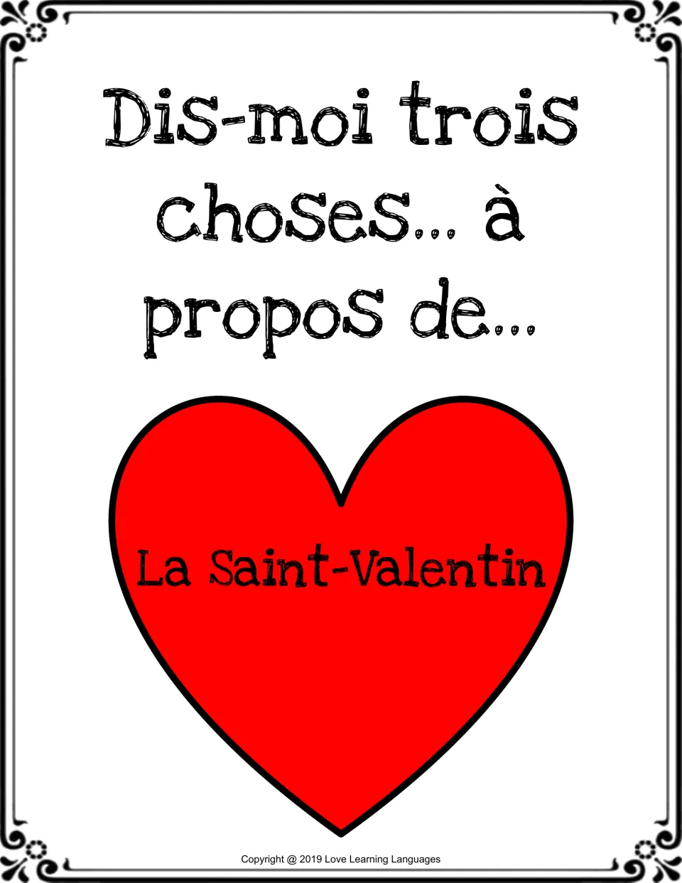 Dis-moi trois choses à propos de... La Saint-Valentin, the cover of the French speaking game, title on a red heart