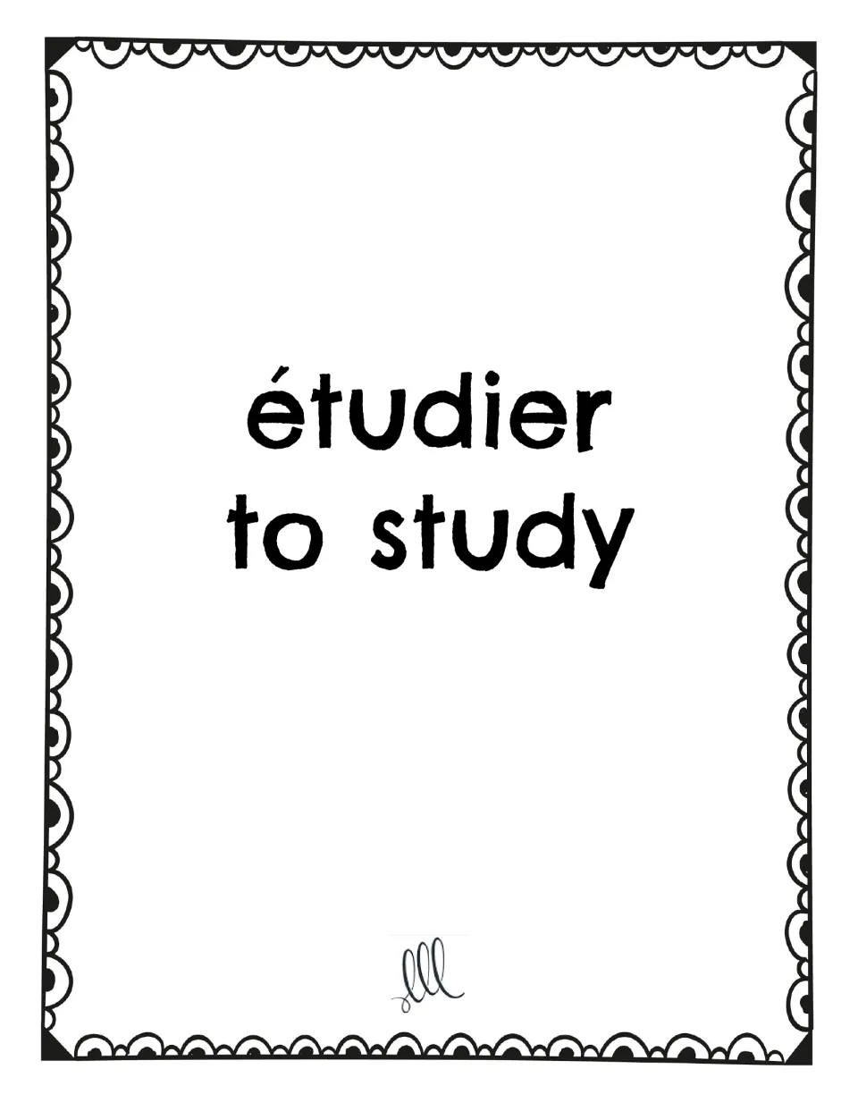 French -ER verb game card featuring étudier (to study), with the French infinitive and its English meaning