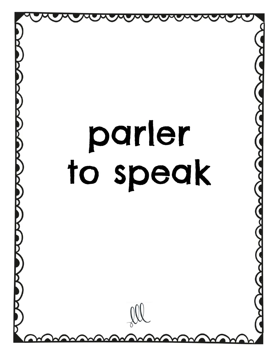 French -ER verb game card featuring parler (to speak), with the French infinitive and its English meaning