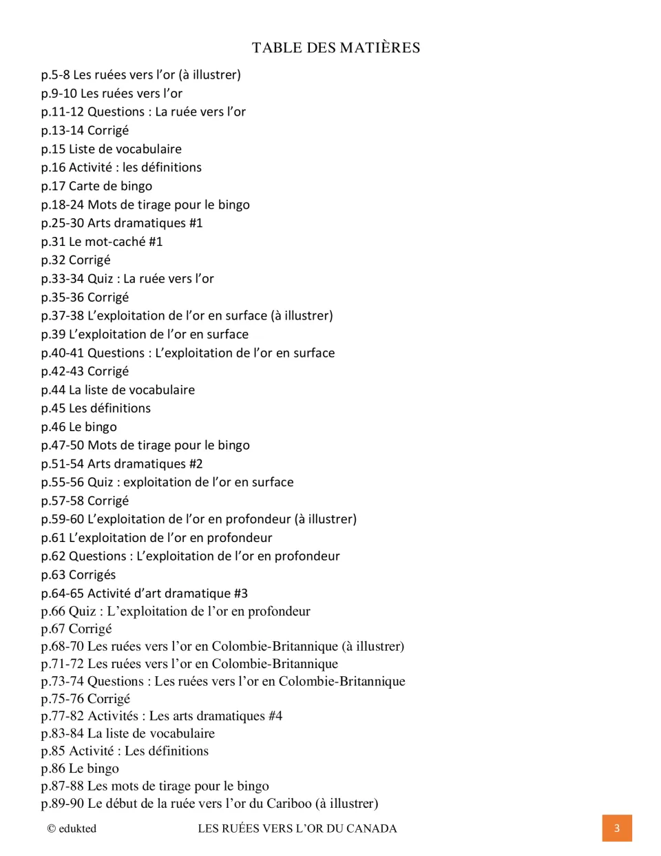 First contents page lists French gold rush readings, mining lessons, vocabulary, bingo, drama, and quizzes