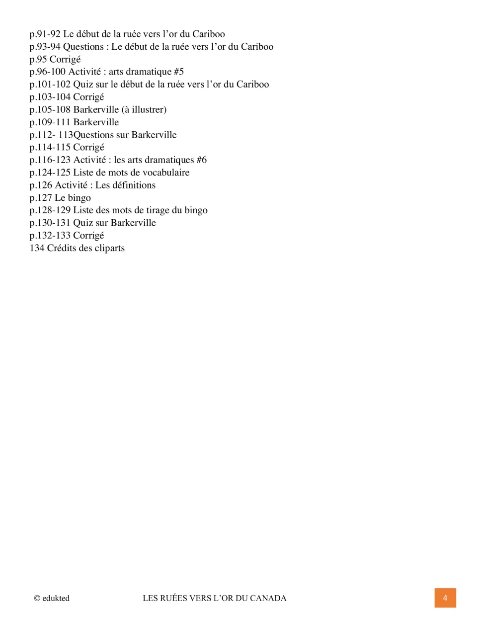 Second contents page lists Cariboo and Barkerville readings, questions, drama, vocabulary, and quiz keys