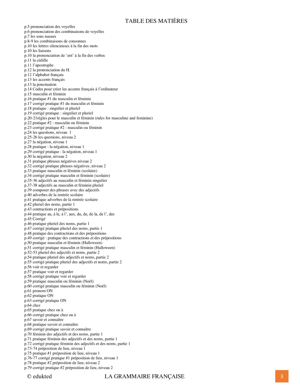 First contents page lists French pronunciation, noun gender, questions, negation, and practice answer keys