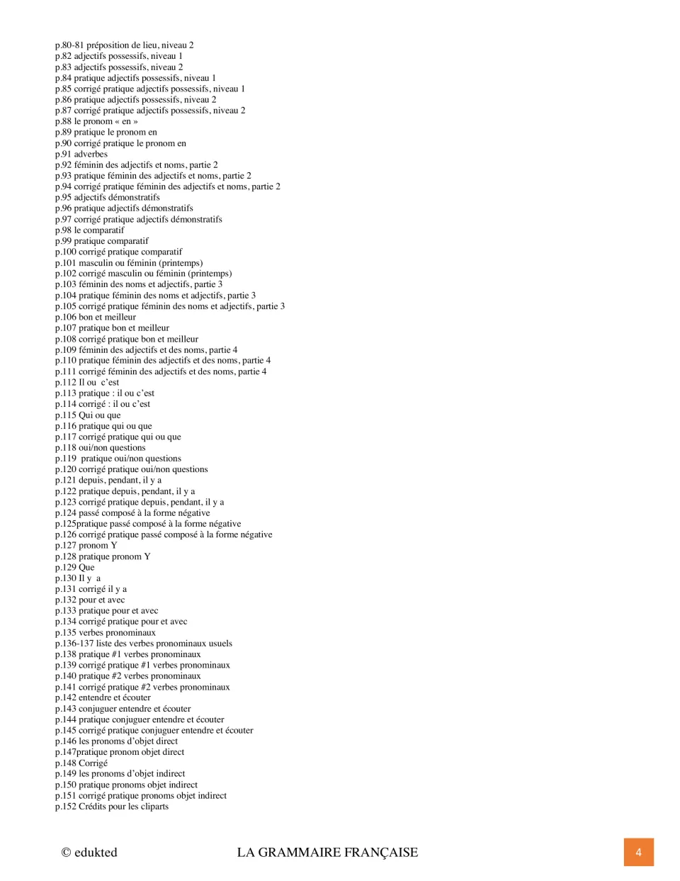 Second contents page lists French possessive adjectives, pronouns, comparisons, and reflexive verb practice