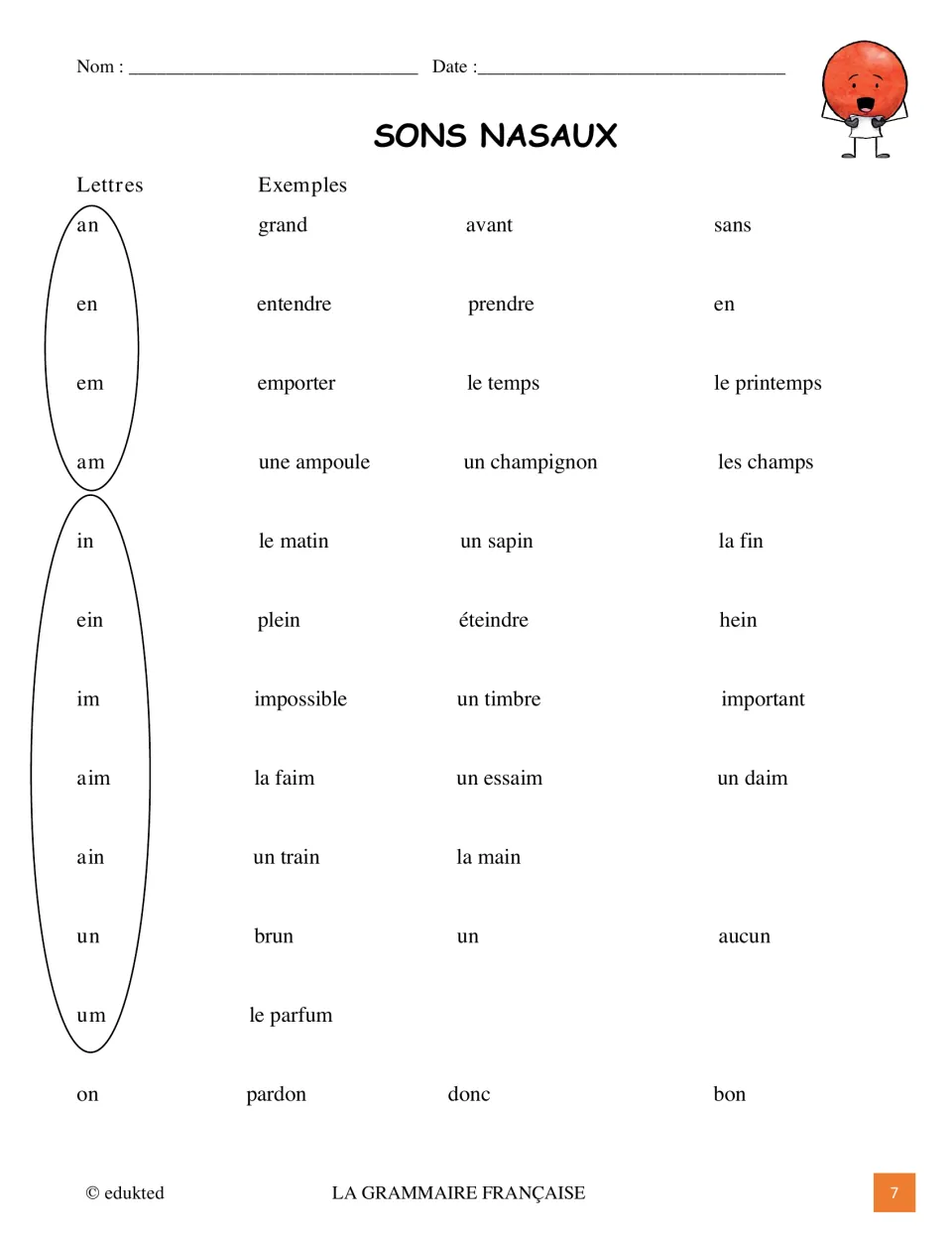 French nasal sound reference groups spellings with examples such as grand (big), matin (morning), and bon (good)