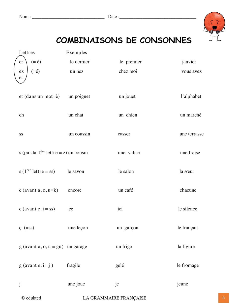 French consonant pronunciation reference covers ch, ss, s, c, ç, g, and j, with examples such as un chat (a cat)