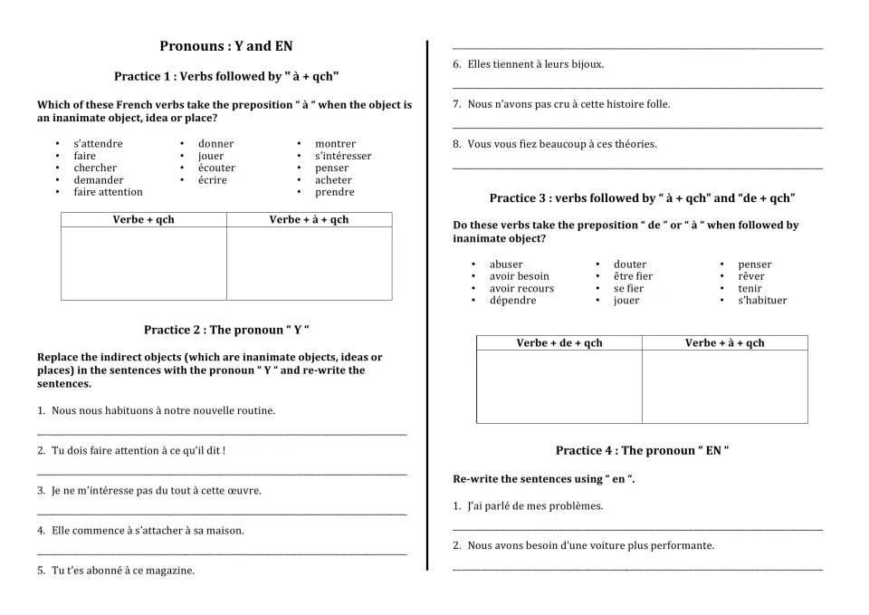 French pronouns Y and EN: students sort verbs taking à or de, then rewrite sentences replacing objects with y or en