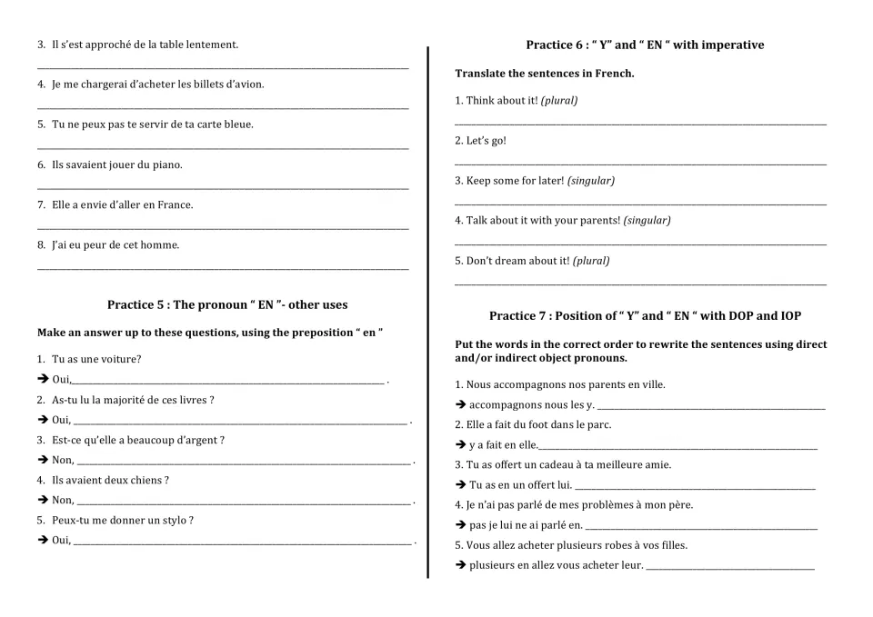 Pronouns EN and Y continued: students answer questions with en, translate imperatives and reorder pronoun sentences