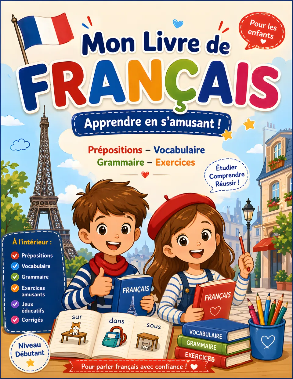 Mon Livre de Français cover listing prépositions, vocabulaire, grammaire, exercices, jeux and corrigés; beginner level