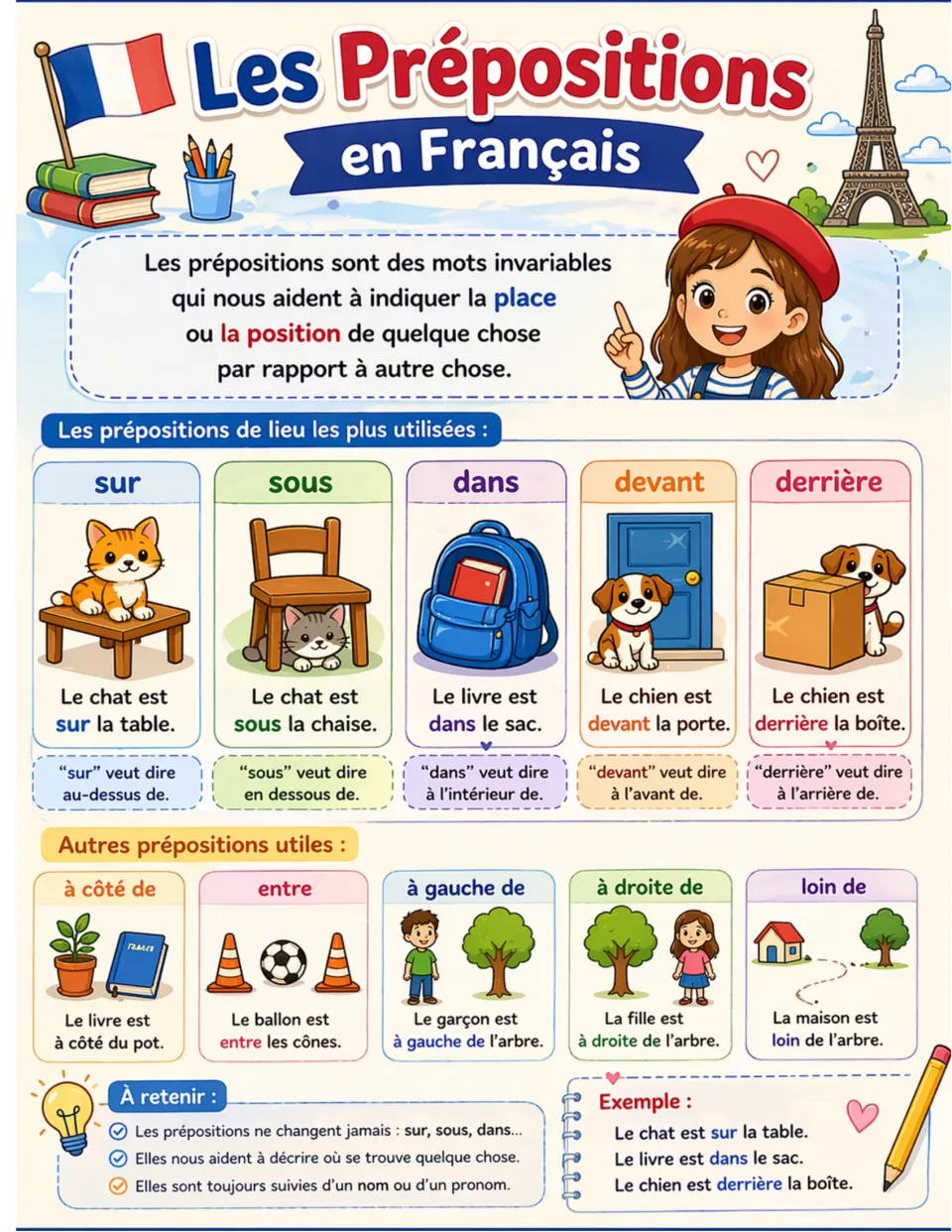 Prepositions of place reference: sur, sous, dans, devant, derrière illustrated with example sentences, plus entre, loin de