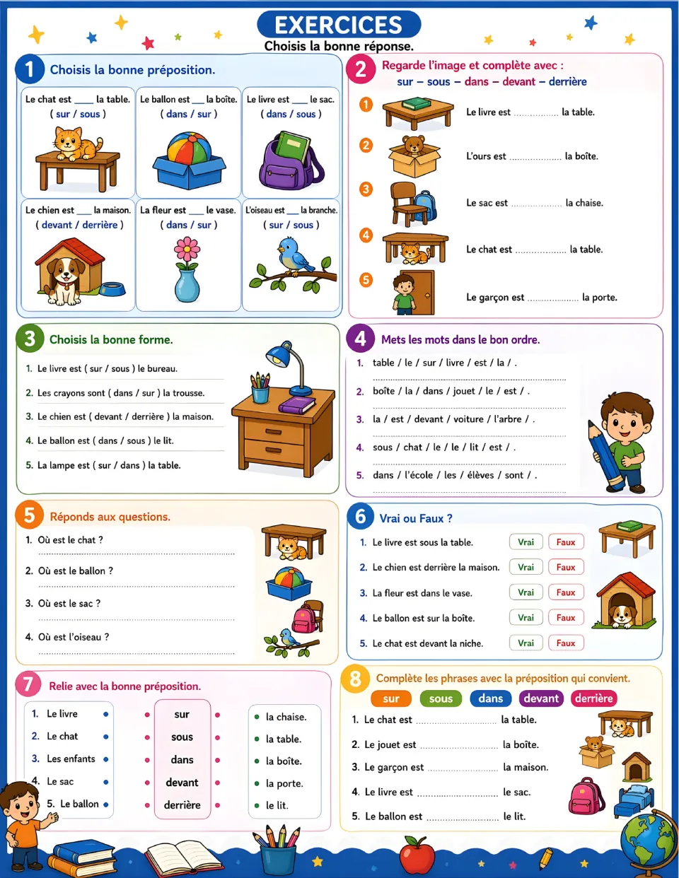Eight preposition exercises: multiple choice, picture fill-ins, word order, questions, true or false and matching
