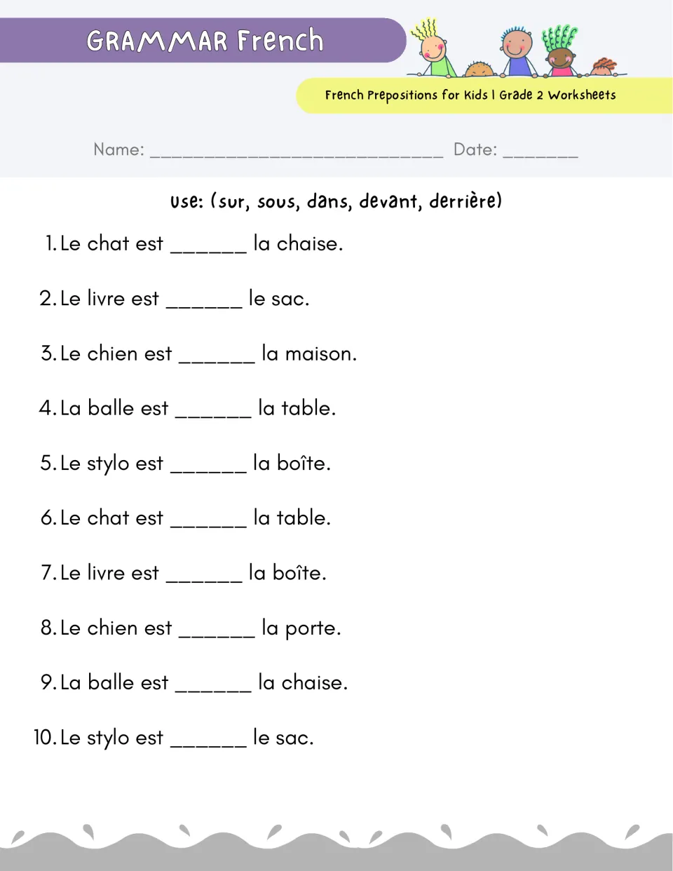 Fill-in-the-blank prepositions: students write sur, sous, dans, devant or derrière in 10 sentences about a cat, dog, ball