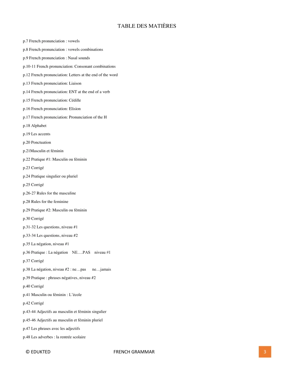 First contents page lists pronunciation, accents, noun gender, questions, negation, adjectives and adverbs