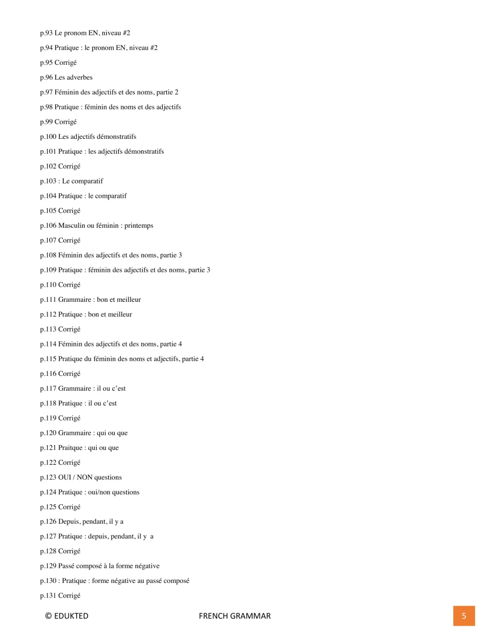 Third contents page lists the pronoun en, demonstrative adjectives, comparisons and negative passé composé