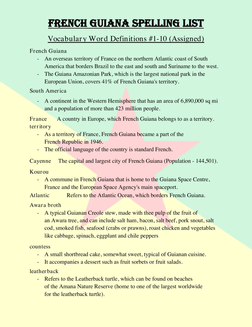 Definitions for assigned spelling words 1–10 cover French Guiana, its cities, food, and leatherback turtles.