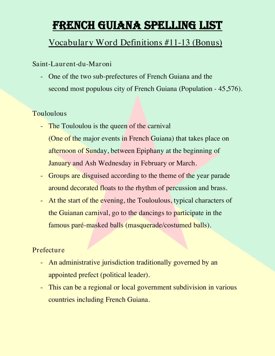 Bonus spelling word definitions 11–13 explain Saint-Laurent-du-Maroni, Touloulous, and Prefecture.
