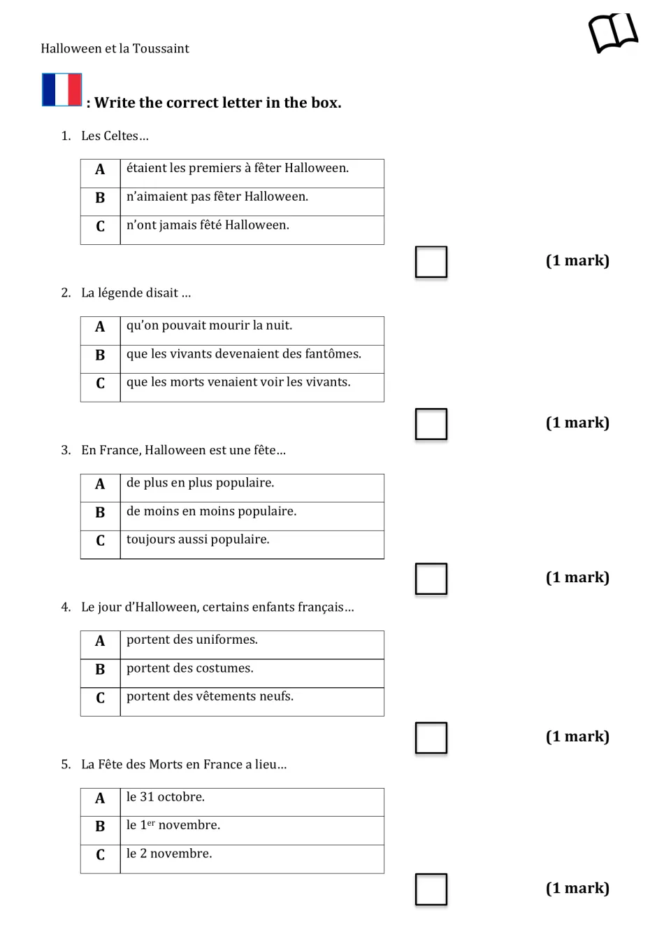 Version 1 French reading questions: five multiple-choice items on Celts, Halloween customs, and All Souls' Day.