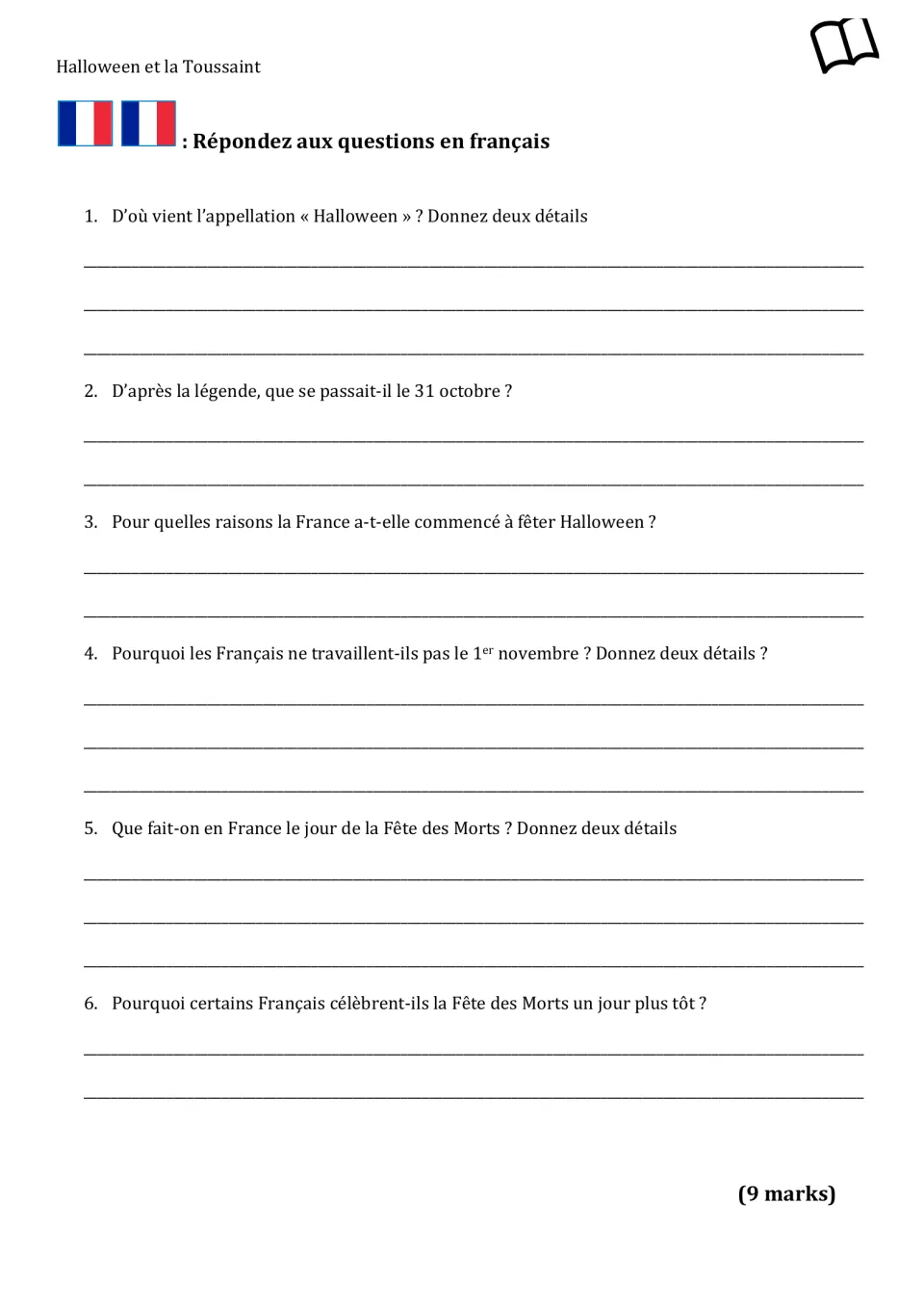 Version 1 French written response: six questions on Halloween's name, legends, and French November holidays.