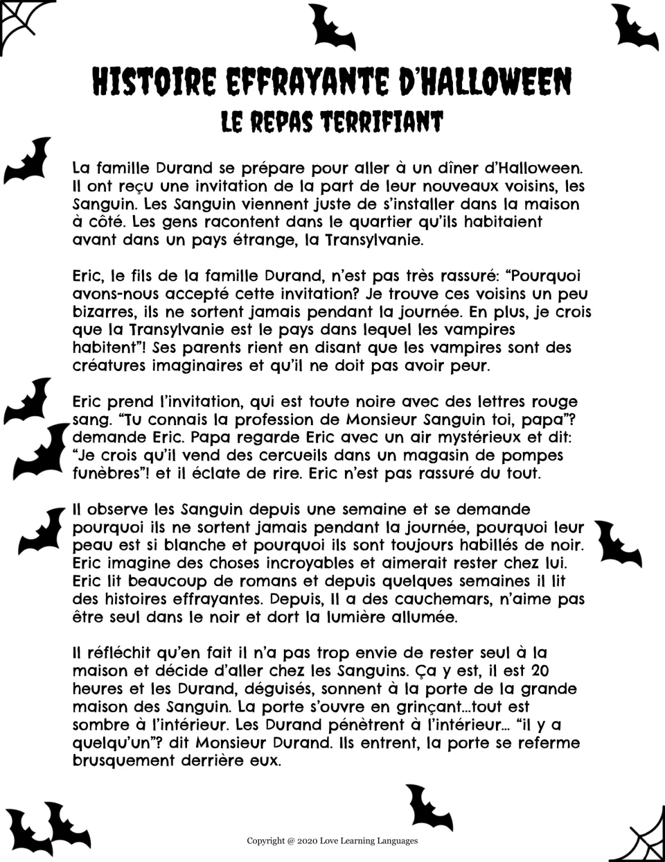 French story 'Le repas terrifiant': Eric's family visits new neighbors from Transylvania for Halloween dinner