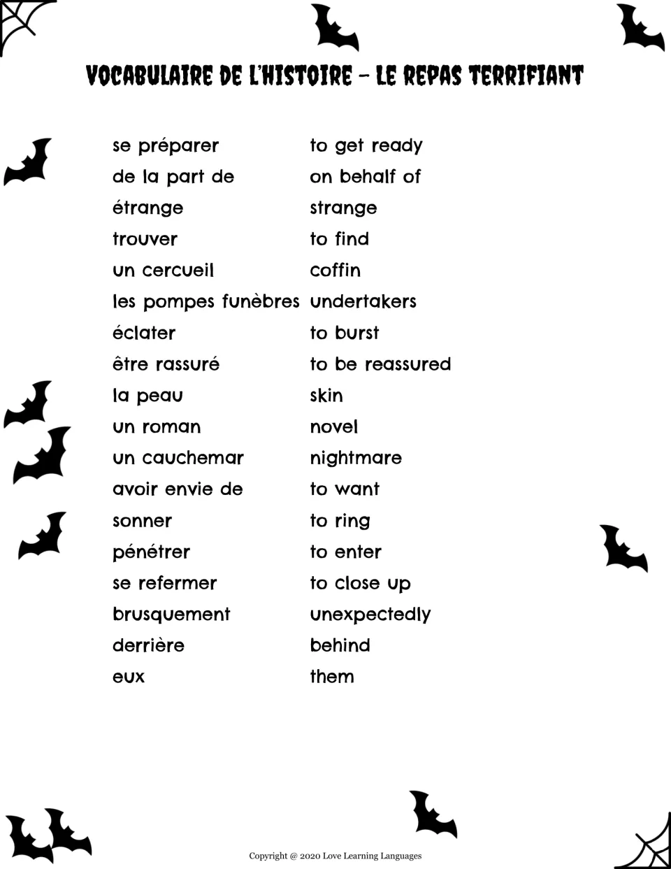 Vocabulary list of 18 story words: un cercueil (coffin), un cauchemar (nightmare), la peau (skin) and 15 more