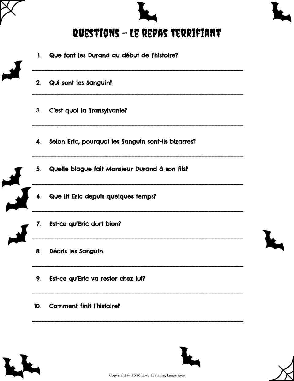 10 French comprehension questions on the story, such as 'Qui sont les Sanguin?' and 'Comment finit l'histoire?'