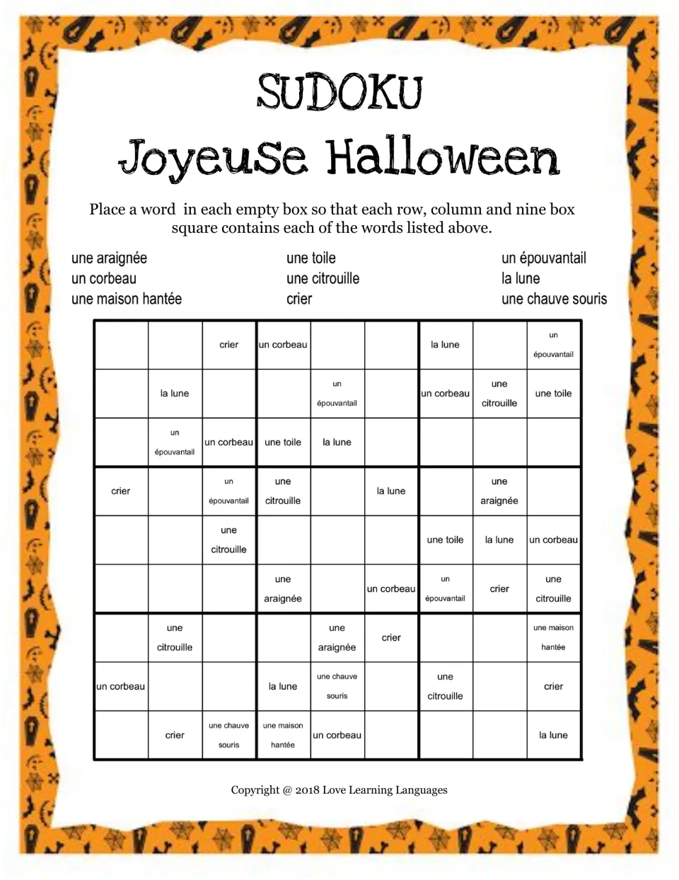 French Halloween sudoku 1 using nine words: une araignée (spider), un corbeau (crow), la lune (moon) and six more