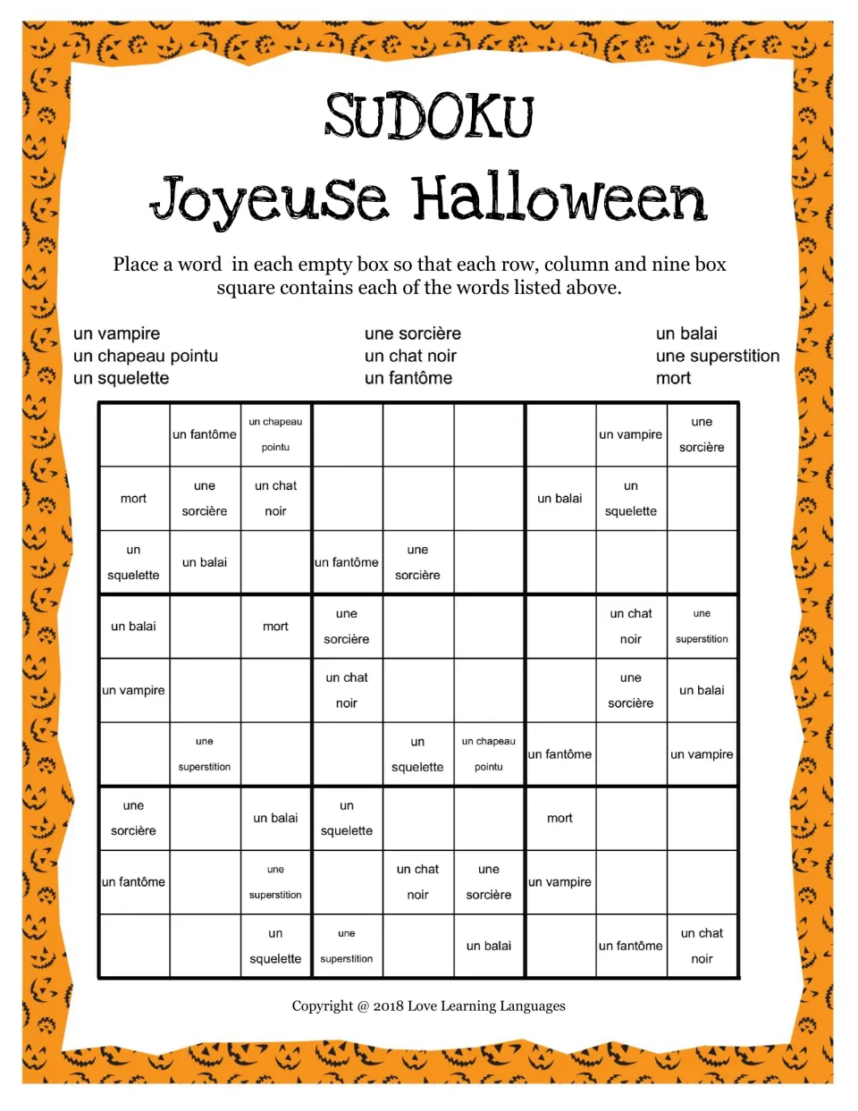 Sudoku 2 with nine French words: un vampire, une sorcière (witch), un balai (broom), un fantôme (ghost) and more