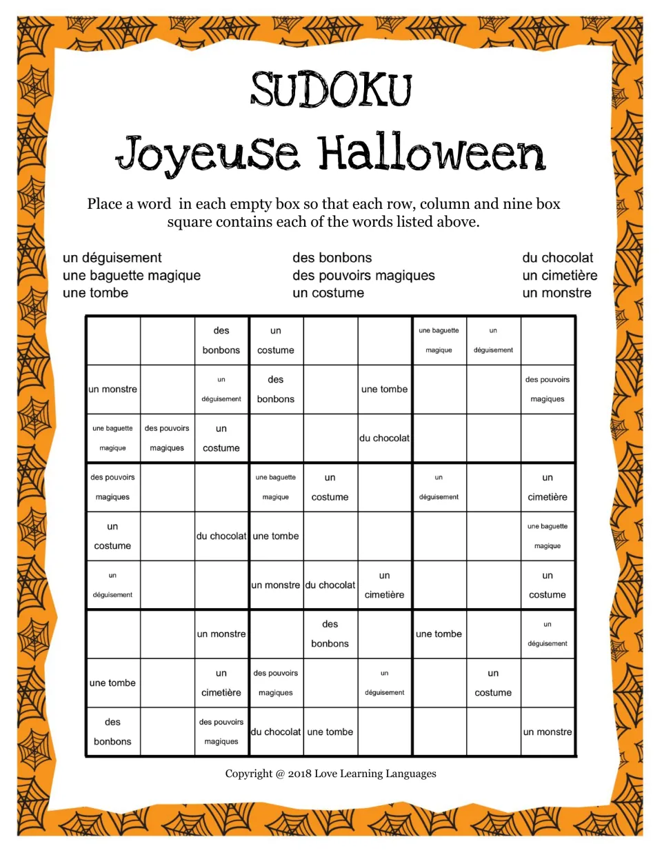 Sudoku 3 with nine French words: des bonbons (candy), un costume, une tombe (grave), un monstre and five more