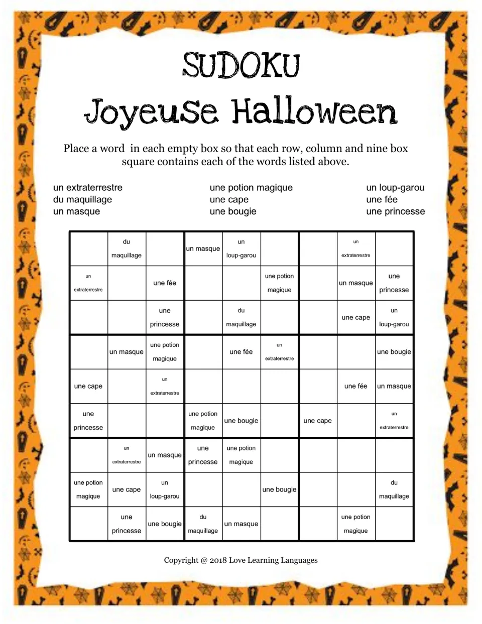 Sudoku 4 with nine French words: un masque (mask), une cape, une fée (fairy), un loup-garou (werewolf) and more