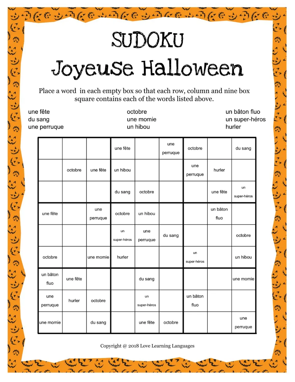 Sudoku 5 with nine French words: octobre (October), une momie (mummy), un hibou (owl), hurler (to howl) and more