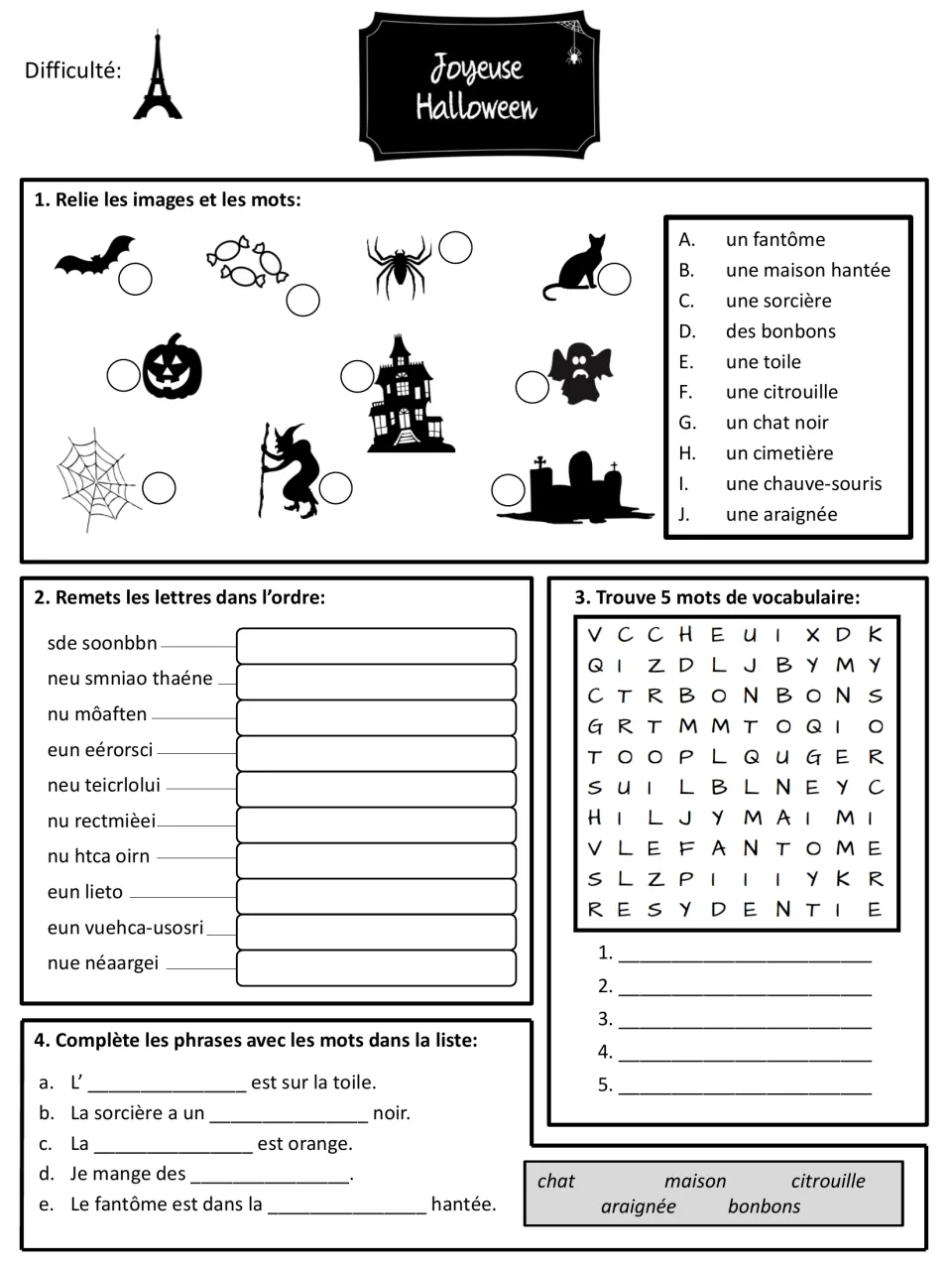 French Halloween vocabulary: students match 10 pictures to words, unscramble words, do a word search and fill gaps