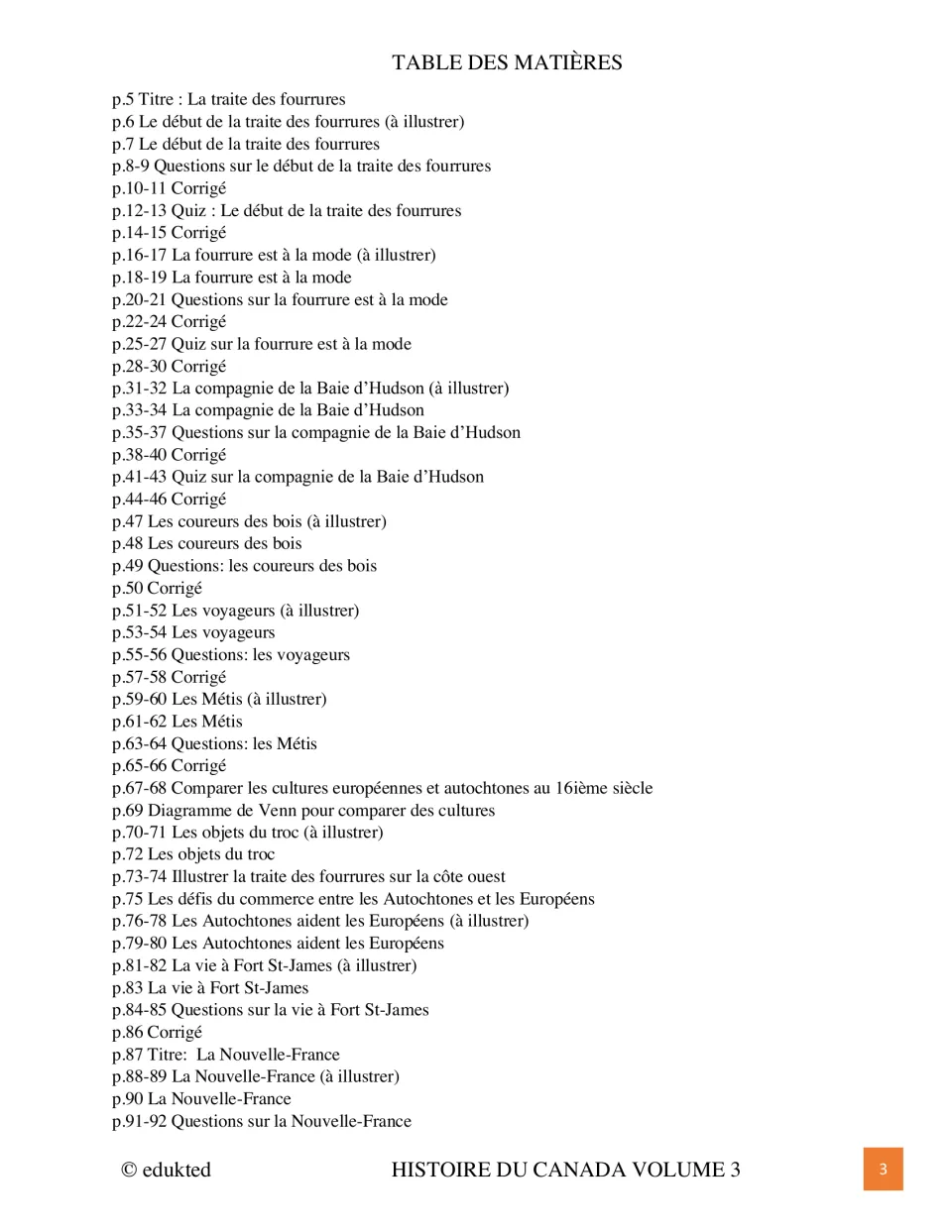 First contents page lists French readings, illustration tasks, questions, and keys on the fur trade and New France
